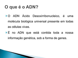 O ADN Ácido Desoxirribonucleico, é uma
 molécula biológica universal presente em todas
 as células vivas.
 É no ADN que está contida toda a nossa
 informação genética, sob a forma de genes.
 