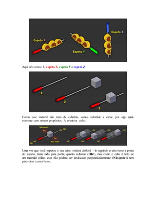 Aqui nós temos 3, espeto X, espeto Y e espeto Z.
Como esse material não trata de culinária, vamos substituir a carne, por algo mais
coerente com nossos propósitos. A primitiva cube.
Uma vez que você espetou o seu cube, poderá deslocá - lo seguindo o eixo rumo a ponta
do espeto, tanto indo para ponta, quanto voltando (OK!), mas como o cube é feito de
um material sólido, esse não poderá ser deslocado perpendicularmente (Não pode!) nem
para cima e para baixo.
 