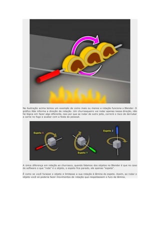 Na ilustração acima temos um exemplo de como mais ou menos a rotação funciona o Blender. O
gráfico lilás informa a direção da rotação. Um churrasqueiro vai rodar apenas nessa direção, não
há lógica em fazer algo diferente, isso por que se rodar de outro jeito, correrá o risco de derrubar
a carne no fogo e acabar com a festa do pessoal.
A única diferença em relação ao churrasco, quando falamos dos objetos no Blender é que no caso
do software o que "roda" é o objeto, o espeto fica parado, ele apenas "espeta".
É como se você furasse o objeto e limitasse a sua rotação à lâmina do espeto. Assim, ao rodar o
objeto você só poderia fazer movimentos de rotação que respeitassem o furo da lâmina.
 