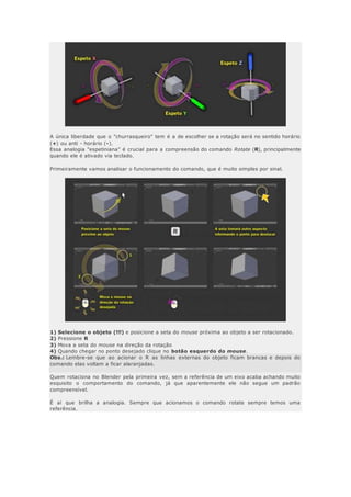 A única liberdade que o "churrasqueiro" tem é a de escolher se a rotação será no sentido horário
(+) ou anti - horário (-).
Essa analogia "espetiniana" é crucial para a compreensão do comando Rotate (R), principalmente
quando ele é ativado via teclado.
Primeiramente vamos analisar o funcionamento do comando, que é muito simples por sinal.
1) Selecione o objeto (!!!) e posicione a seta do mouse próxima ao objeto a ser rotacionado.
2) Pressione R
3) Mova a seta do mouse na direção da rotação
4) Quando chegar no ponto desejado clique no botão esquerdo do mouse.
Obs.: Lembre-se que ao acionar o R as linhas externas do objeto ficam brancas e depois do
comando elas voltam a ficar alaranjadas.
Quem rotaciona no Blender pela primeira vez, sem a referência de um eixo acaba achando muito
esquisito o comportamento do comando, já que aparentemente ele não segue um padrão
compreensível.
É aí que brilha a analogia. Sempre que acionamos o comando rotate sempre temos uma
referência.
 