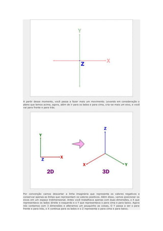 A partir desse momento, você passa a fazer mais um movimento. Levando em consideração o
plano que temos acima, agora, além de ir para os lados e para cima, cria -se mais um eixo, e você
vai para frente e para trás.
Por convenção vamos descartar a linha imaginária que representa os valores negativos e
conservar apenas as linhas que representam os valores positivos. Além disso, vamos posicionar os
eixos em um espaço tridimensional. Antes você trabalhava apenas com duas dimensões, o X que
representava os lados direito e esquerdo e o Y que representava o para cima e para baixo. Agora
nós contamos com 3 dimensões e alteramos um pouquinho as coisas, O Y passa a ser o para
frente e para trás, o X continua para os lados e o Z representa o para cima e para baixo.
 