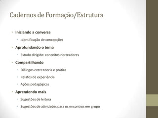 Cadernosde Formação/Estrutura
• Iniciando a conversa
• Identificação de concepções
• Aprofundando o tema
• Estudo dirigido: conceitos norteadores
• Compartilhando
• Diálogos entre teoria e prática
• Relatos de experiência
• Ações pedagógicas
• Aprendendo mais
• Sugestões de leitura
• Sugestões de atividades para os encontros em grupo
 