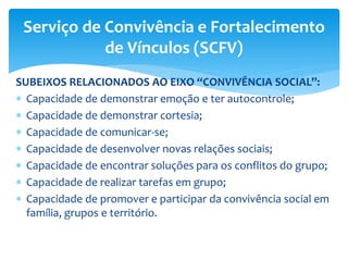 SUBEIXOS RELACIONADOS AO EIXO “CONVIVÊNCIA SOCIAL”:
 Capacidade de demonstrar emoção e ter autocontrole;
 Capacidade de demonstrar cortesia;
 Capacidade de comunicar-se;
 Capacidade de desenvolver novas relações sociais;
 Capacidade de encontrar soluções para os conflitos do grupo;
 Capacidade de realizar tarefas em grupo;
 Capacidade de promover e participar da convivência social em
família, grupos e território.
Serviço de Convivência e Fortalecimento
de Vínculos (SCFV)
 