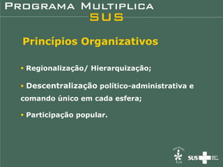 Princípios Organizativos

 Regionalização/ Hierarquização;

 Descentralização político-administrativa e
comando único em cada esfera;

 Participação popular.
 