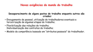 Novas exigências do mundo do trabalho
Desaparecimento de alguns postos de trabalho enquanto outros são
criados:
• Enxugamento de pessoal, utilização de trabalhadores eventuais e
terceirização de algumas etapas do trabalho;
• Flexibilização das relações de trabalho;
Individualização dos contratos de trabalho;
• Modelo da competência baseado em “atributos pessoais” do trabalhador.
 