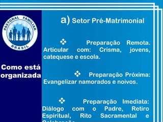  Preparação Remota.
Articular com: Crisma, jovens,
catequese e escola.
 Preparação Próxima:
Evangelizar namorados e noivos.
 Preparação Imediata:
Diálogo com o Padre, Retiro
Espiritual, Rito Sacramental e
a) Setor Pré-Matrimonial
Como está
organizada
 