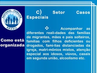 c) Setor Casos
Especiais
 Acompanhar as
diferentes reali-dades das famílias
de migrantes, mães e pais solteiros,
famílias com filhos deficientes ou
drogados, famí-lias distanciadas da
igreja, matri-mônios mistos, atenção
especial aos idosos, viúvos, casais
em segunda união, alcoolismo etc.
Como está
organizada
 