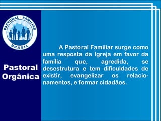 A Pastoral Familiar surge como
uma resposta da Igreja em favor da
família que, agredida, se
desestrutura e tem dificuldades de
existir, evangelizar os relacio-
namentos, e formar cidadãos.
Pastoral
Orgânica
 