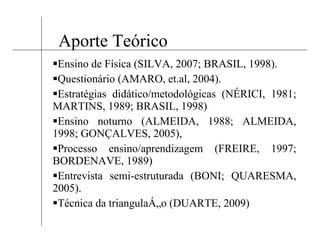 Aporte Teórico Ensino de Física (SILVA, 2007; BRASIL, 1998). Questionário (AMARO, et.al, 2004).  Estratégias didático/metodológicas (NÉRICI, 1981; MARTINS, 1989; BRASIL, 1998) Ensino noturno (ALMEIDA, 1988; ALMEIDA, 1998; GONÇALVES, 2005), Processo ensino/aprendizagem (FREIRE, 1997; BORDENAVE, 1989)  Entrevista semi-estruturada (BONI; QUARESMA, 2005).  Técnica da triangulação (DUARTE, 2009) 