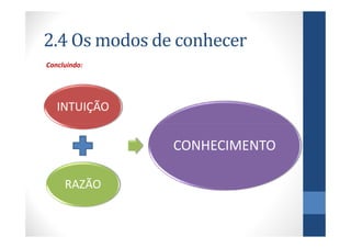2.4 Os modos de conhecer
Concluindo:




   INTUIÇÃO


               CONHECIMENTO

     RAZÃO
 