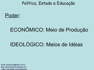 Poder : Política, Estado e Educação Email: robssantoss@yahoo.com.br Blog: http://robssantos.blogspot.com  Twitter: http://twitter.com/robssantoss   ECONÔMICO: Meio de Produção IDEOLÓGICO: Meios de Idéias 