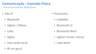 Comunicação - Camada Fisica
Formas de conectar dispositivos
• Não IP
• Bluetooth
• Zigbee / ZWave
• LoRa
• Sigfox
• Ultra-wide band
• RF em geral
• Protocolos
• LoRaWan
• Bluetooth LE
• Bluetooth Mesh
• Zigbee Cluster Library
• LoRa Mesh
 