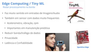 • Faz muito sentido em entradas de Imagens/Audio
• Também em sensor com dados muito frequentes
• Acelerometro, vibração, rpm
• Importantes em manutenção preditiva
• Reduzir banda/trafego de dados
• Privacidade
• Latência e Confiabilidade
Edge Computing / Tiny ML
Rodar processamento na borda
Sparkfun Edge
 