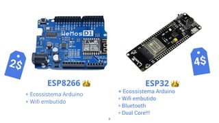 9
ESP8266 👑
+ Ecossistema Arduino
+ Wiﬁ embutido
ESP32 👑
+ Ecossistema Arduino
+ Wifi embutido
+ Bluetooth
+ Dual Core!!!
2$ 4$
 