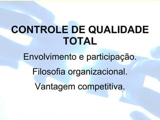 CONTROLE DE QUALIDADE TOTAL     Envolvimento e participação.   Filosofia organizacional. Vantagem competitiva. 