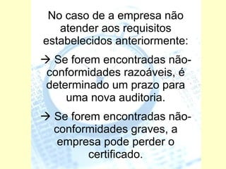 No caso de a empresa não atender aos requisitos estabelecidos anteriormente:     Se forem encontradas não-conformidades razoáveis, é determinado um prazo para uma nova auditoria.   Se forem encontradas não-conformidades graves, a empresa pode perder o certificado. 