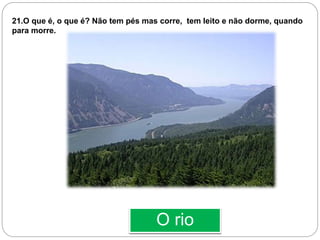 O rio
21.O que é, o que é? Não tem pés mas corre, tem leito e não dorme, quando
para morre.
 