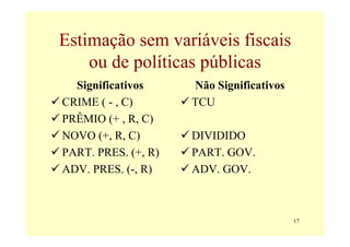 Estimação sem variáveis fiscais
    ou de políticas públicas
  Significativos     Não Significativos
CRIME ( - , C)       TCU
PRÊMIO (+ , R, C)
NOVO (+, R, C)       DIVIDIDO
PART. PRES. (+, R)   PART. GOV.
ADV. PRES. (-, R)    ADV. GOV.



                                          17
 