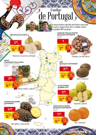 O melhor
de Portugal
PERA ROCHA DO OESTE
KG
ACUMULE
€
0,27 15
€
1,79
/KG
Sumarenta e saborosa!
Sabor agridoce e aroma intenso!
Doces e aromáticos!
Estaladiças e de sabor intenso!Polpa branca, macia, doce e perfumada!
Misturas variadas e saudáveis!
Doce e sumarenta!
ANANÁS DOS AÇORES
CONTINENTE
KG
ACUMULE
€
0,75 15
€
4,99
/KG
MAÇÃ GOLDEN
DA BEIRA ALTA
KG
ACUMULE
€
0,25 15
€
1,69
/KG
KIWI
SELECÇÃO CONTINENTE
KG
ACUMULE
€
0,37 15
€
2,49
/KG
LARANJA DO ALGARVE
SELECÇÃO CONTINENTE
EMB.: 1,5 KG
€0,99/KG
ACUMULE
€
0,22 15
€
1,49
UNID.
ACUMULE
€
1,05 15
€
7 UNID.
NOZES DE TRÁS-OS-MONTES
SELECÇÃO CONTINENTE
EMB.: 750 G
€9,34/KG
SOPAS
CONTINENTE FÁCIL & BOM
(SECÇÃO DE FRUTAS E LEGUMES)
EMB.: 600 G
€3,32/KG
ACUMULE
€
0,30 15
€
1,99
UNID.
Os nossos gestores agrícolas percorrem o nosso país
de norte a sul para levar até si a melhor seleção
de produtos 100% nacionais.
7
 