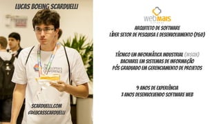 Arquiteto de software
líder setor de pesquisa e desenvolvimento (P&D)
Técnico em Informática industrial (#sqn)
bacharel em sistemas de informação
pós graduado em gerenciamento de projetos
9 anos de experiência
7 anos desenvolvendo software web
lucas boeing scarduelli
scarduelli.com
@lucasscarduelli
 