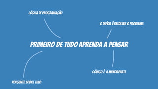 primeiro de tudo aprenda a pensar
lógica de programação
o difícil é resolver o problema
pergunte sobre tudo
código é a menor parte
 