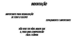 indentação
importante para visualização
de todo o escopo
não deve ter nível maior que
2, para uma compreensão
fácil e rápida
espaçamento e importante
 