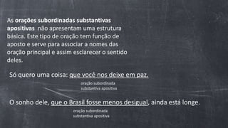 As orações subordinadas substantivas
apositivas não apresentam uma estrutura
básica. Este tipo de oração tem função de
aposto e serve para associar a nomes das
oração principal e assim esclarecer o sentido
deles.
Só quero uma coisa: que você nos deixe em paz.
oração subordinada
substantiva apositiva
O sonho dele, que o Brasil fosse menos desigual, ainda está longe.
oração subordinada
substantiva apositiva
 
