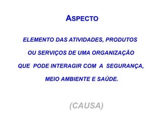 ASPECTO
(CAUSA)
ELEMENTO DAS ATIVIDADES, PRODUTOS
OU SERVIÇOS DE UMA ORGANIZAÇÃO
QUE PODE INTERAGIR COM A SEGURANÇA,
MEIO AMBIENTE E SAÚDE.
 
