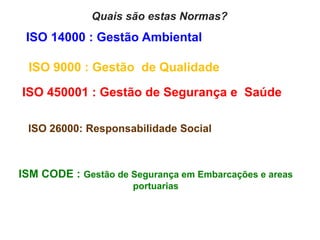ISO 14000 : Gestão Ambiental
ISO 450001 : Gestão de Segurança e Saúde
ISM CODE : Gestão de Segurança em Embarcações e areas
portuarias
ISO 9000 : Gestão de Qualidade
ISO 26000: Responsabilidade Social
Quais são estas Normas?
 