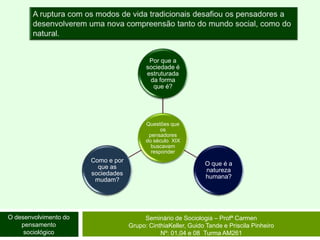A ruptura com os modos de vida tradicionais desafiou os pensadores a desenvolverem uma nova compreensão tanto do mundo social, como do natural. O desenvolvimento do pensamento sociológicoSeminário de Sociologia – Profª CarmenGrupo: CinthiaKeller, Guido Tande e Priscila Pinheiro Nº: 01,04 e 08  Turma AM261