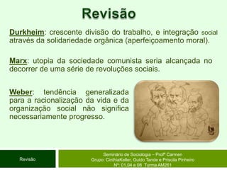 RevisãoDurkheim: crescente divisão do trabalho, e integração social através da solidariedade orgânica (aperfeiçoamento moral).Marx: utopia da sociedade comunista seria alcançada no decorrer de uma série de revoluções sociais. Weber: tendência generalizada para a racionalização da vida e da organização social não significa necessariamente progresso.Seminário de Sociologia – Profª CarmenGrupo: CinthiaKeller, Guido Tande e Priscila Pinheiro Nº: 01,04 e 08  Turma AM261Revisão