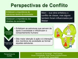 Perspectivas de ConflitoEnfatizam a importância de estruturas dentro da sociedadeMarx – sua obra enfatizou o conflito de classe, mas alguns também foram influenciados por WeberDestacam a importância das divisões da sociedadeSeminário de Sociologia – Profª CarmenGrupo: CinthiaKeller, Guido Tande e Priscila Pinheiro Nº: 01,04 e 08  Turma AM261Perspectivas de Conflito