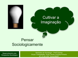 Cultivar a ImaginaçãoPensar SociologicamenteSeminário de Sociologia – Profª CarmenGrupo: CinthiaKeller, Guido Tande e Priscila Pinheiro Nº: 01,04 e 08  Turma AM261Desenvolvendo uma Perspectiva Sociológica