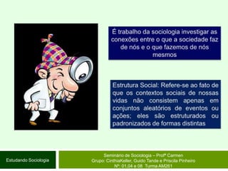 É trabalho da sociologia investigar as conexões entre o que a sociedade faz de nós e o que fazemos de nós mesmosEstrutura Social: Refere-se ao fato de que os contextos sociais de nossas vidas não consistem apenas em conjuntos aleatórios de eventos ou ações; eles são estruturados ou padronizados de formas distintasSeminário de Sociologia – Profª CarmenGrupo: CinthiaKeller, Guido Tande e Priscila Pinheiro Nº: 01,04 e 08  Turma AM261Estudando Sociologia