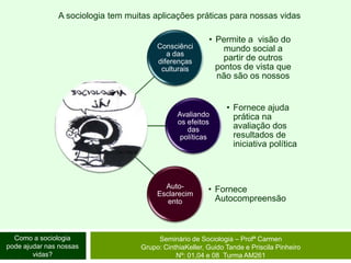 A sociologia tem muitas aplicações práticas para nossas vidasComo a sociologia pode ajudar nas nossas vidas? Seminário de Sociologia – Profª CarmenGrupo: CinthiaKeller, Guido Tande e Priscila Pinheiro Nº: 01,04 e 08  Turma AM261