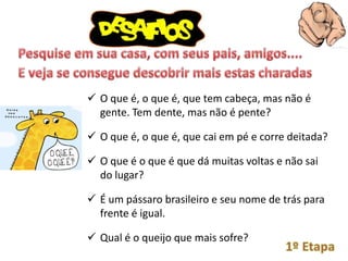  O que é, o que é, que tem cabeça, mas não é
  gente. Tem dente, mas não é pente?

 O que é, o que é, que cai em pé e corre deitada?

 O que é o que é que dá muitas voltas e não sai
  do lugar?

 É um pássaro brasileiro e seu nome de trás para
  frente é igual.

 Qual é o queijo que mais sofre?
 