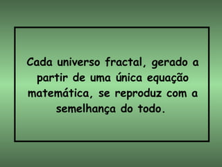 Cada universo fractal, gerado a partir de uma única equação matemática, se reproduz com a semelhança do todo.   