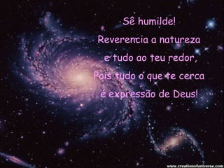 Sê humilde! Reverencia a natureza e tudo ao teu redor, Pois tudo o que te cerca é expressão de Deus! 