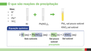 O que são reações de precipitação
Equação química:
KI Pb(NO3)2
PbI2 sal pouco solúvel
KNO3 sal solúvel
2 KI (aq) + Pb(NO3)2 (aq) → PbI2 (s) + 2 KNO3 (aq)
Sais solúveis Sal pouco
solúvel
Sal solúvel
precipitado
Iões:
• K+
• I–
• Pb2+
• NO3
−
 