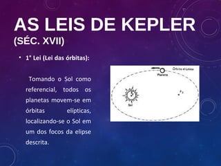 AS LEIS DE KEPLER
(SÉC. XVII)
• 1° Lei (Lei das órbitas):
Tomando o Sol como
referencial, todos os
planetas movem-se em
ór...