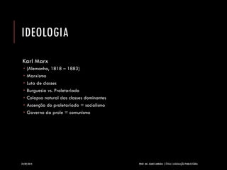 IDEOLOGIA 
Karl Marx 
(Alemanha, 1818 –1883) 
Marxismo 
Luta de classes 
Burguesia vs. Proletariado 
Colapso natural das classes dominantes 
Ascenção do proletariado = socialismo 
Governo da prole = comunismo 
24/09/2014 PROF. MS. AGNES ARRUDA | ÉTICA E LEGISLAÇÃO PUBLICITÁRIA 
 
