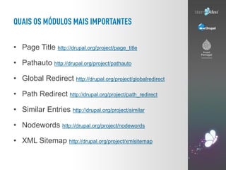 • Page Title http://drupal.org/project/page_title

• Pathauto http://drupal.org/project/pathauto

• Global Redirect http://drupal.org/project/globalredirect

• Path Redirect http://drupal.org/project/path_redirect

• Similar Entries http://drupal.org/project/similar

• Nodewords http://drupal.org/project/nodewords

• XML Sitemap http://drupal.org/project/xmlsitemap
 