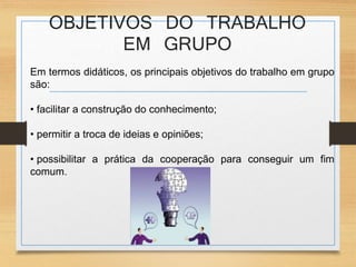 OBJETIVOS DO TRABALHO 
EM GRUPO 
Em termos didáticos, os principais objetivos do trabalho em grupo 
são: 
• facilitar a construção do conhecimento; 
• permitir a troca de ideias e opiniões; 
• possibilitar a prática da cooperação para conseguir um fim 
comum. 
 