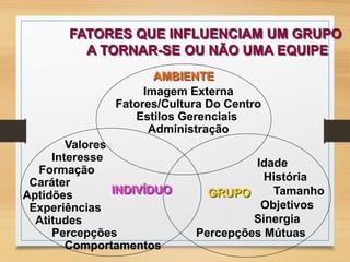 FATORES QUE INFLUENCIAM UM GRUPO 
A TORNAR-SE OU NÃO UMA EQUIPE 
AMBIENTE 
Imagem Externa 
Fatores/Cultura Do Centro 
Estilos Gerenciais 
Administração 
Valores 
Interesse 
Formação 
Caráter 
Aptidões 
Experiências 
Atitudes 
Percepções 
Comportamentos 
Idade 
História 
Tamanho 
Objetivos 
Sinergia 
Percepções Mútuas 
INDIVÍDUO 
GRUPO 
 