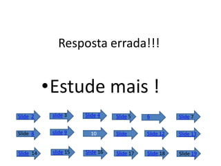 •Estude mais !
Resposta errada!!!
Slide 2 slide 3 Slide 4 Slide 5 6 Slide 7
Slide 8 slide 9 10 Slide Slide 12 Slide 13
Slide 14 slide 15 Slide 16 Slide 17 Slide 18 Slide 19
 