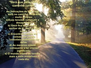 “ Será que estou no caminho certo?” As indicações de que você está no caminho certo são muito simples:  a)Suas tensões começam a desaparecer.  b) Você fica mais e mais senhor de si. Mais e mais calmo.  c) Encontrará beleza em coisas que jamais concebeu pudessem ser belas.  d) As menores coisas começarão a ter imenso significado.  e) O mundo inteiro se tornará mais e mais misterioso a cada dia.      