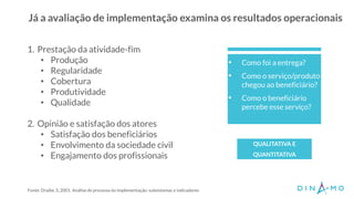 Já a avaliação de implementação examina os resultados operacionais
O projeto tem
consistência
organizacional,
financeira e
jurídica?
1. Prestação da atividade-fim
• Produção
• Regularidade
• Cobertura
• Produtividade
• Qualidade
2. Opinião e satisfação dos atores
• Satisfação dos beneficiários
• Envolvimento da sociedade civil
• Engajamento dos profissionais
Fonte: Draibe, S. 2001. Análise de processo da Implementação: subsistemas e indicadores
QUALITATIVA E
QUANTITATIVA
• Como foi a entrega?
• Como o serviço/produto
chegou ao beneficiário?
• Como o beneficiário
percebe esse serviço?
 