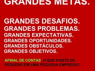 GRANDES METAS.  GRANDES DESAFIOS. GRANDES PROBLEMAS.  GRANDES EXPECTATIVAS.  GRANDES OPORTUNIDADES.  GRANDES OBSTÁCULOS. GRANDES OBJETIVOS.  AFINAL DE CONTAS , O QUE EXISTE DE PEQUENO EM UMA PEQUENA EMPRESA? 