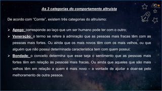 As 3 categorias do comportamento altruísta
De acordo com “Comte”, existem três categorias do altruísmo:
 Apego: corresponde ao laço que um ser humano pode ter com o outro;
 Veneração: o termo se refere à admiração que as pessoas mais fracas têm com as
pessoas mais fortes. Ou ainda que os mais novos têm com os mais velhos, ou que
alguém que não possui determinada característica tem com quem possui;
 Bondade: o conceito determina que esse seja o sentimento que as pessoas mais
fortes têm em relação às pessoas mais fracas. Ou ainda que aqueles que são mais
velhos têm em relação a quem é mais novo – a vontade de ajudar e doar-se pelo
melhoramento de outra pessoa.
 