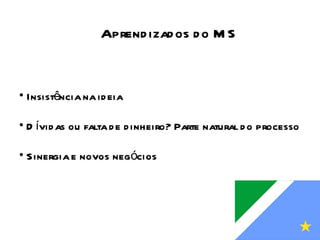 Insistência na ideia Dívidas ou falta de dinheiro? Parte natural do processo Sinergia e novos negócios Aprendizados do MS 
